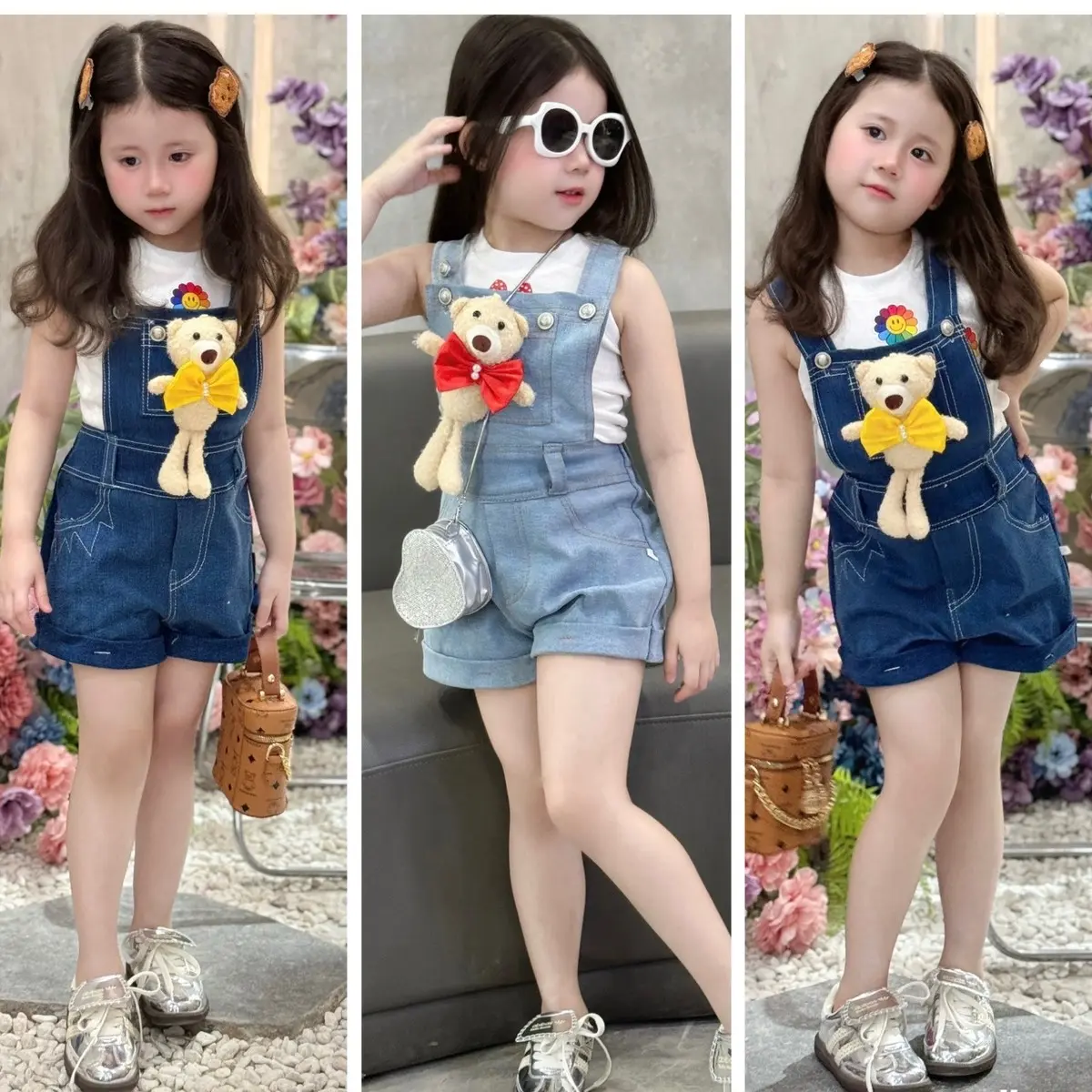 Bộ quần Yếm jeans+ áo ba lỗ trắng (tặng kèm gấu ) cho bé gái