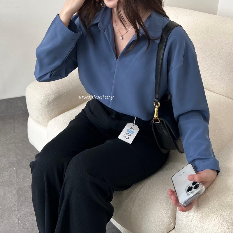 SIVALI Minji Shirt | Basic Loose Office Shirt - Kemeja Wanita Kantor Atasan Baju Anti Kusut Panjang Tebal Polyester Silk Formal Oversize Formal Oversize Kerja Hitam Casual 0