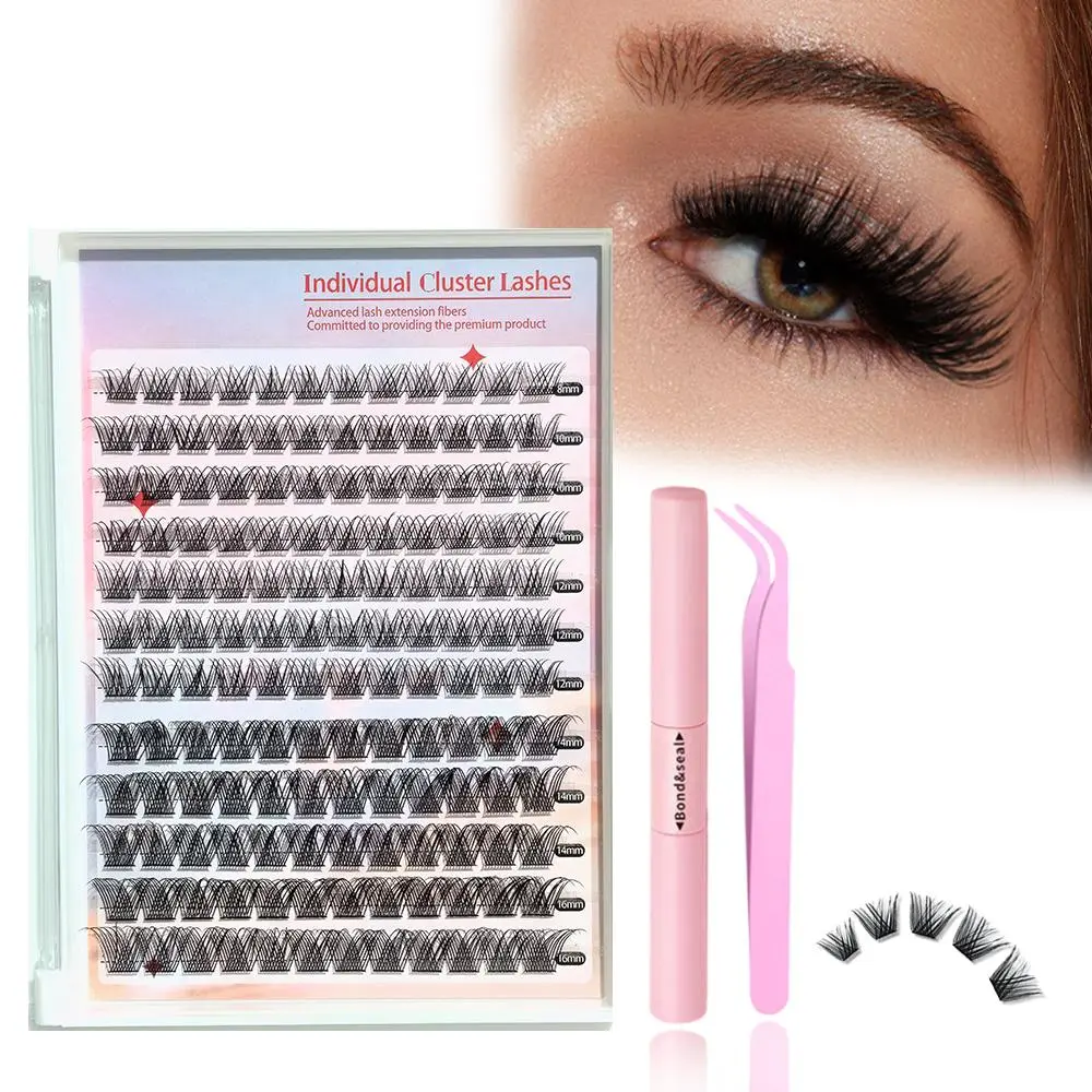 Mixed Length Individual False Eyelashes with Lash Bond & Seal & Tweezer (1 Box), Natural Curl Eyelash for Lash Extensions, Natural Look Self Grafting Curl Eyelashes for Women and Girls Eye Makeup Enhancement, Valentine's Day Gift, Eyelashes Kit Set