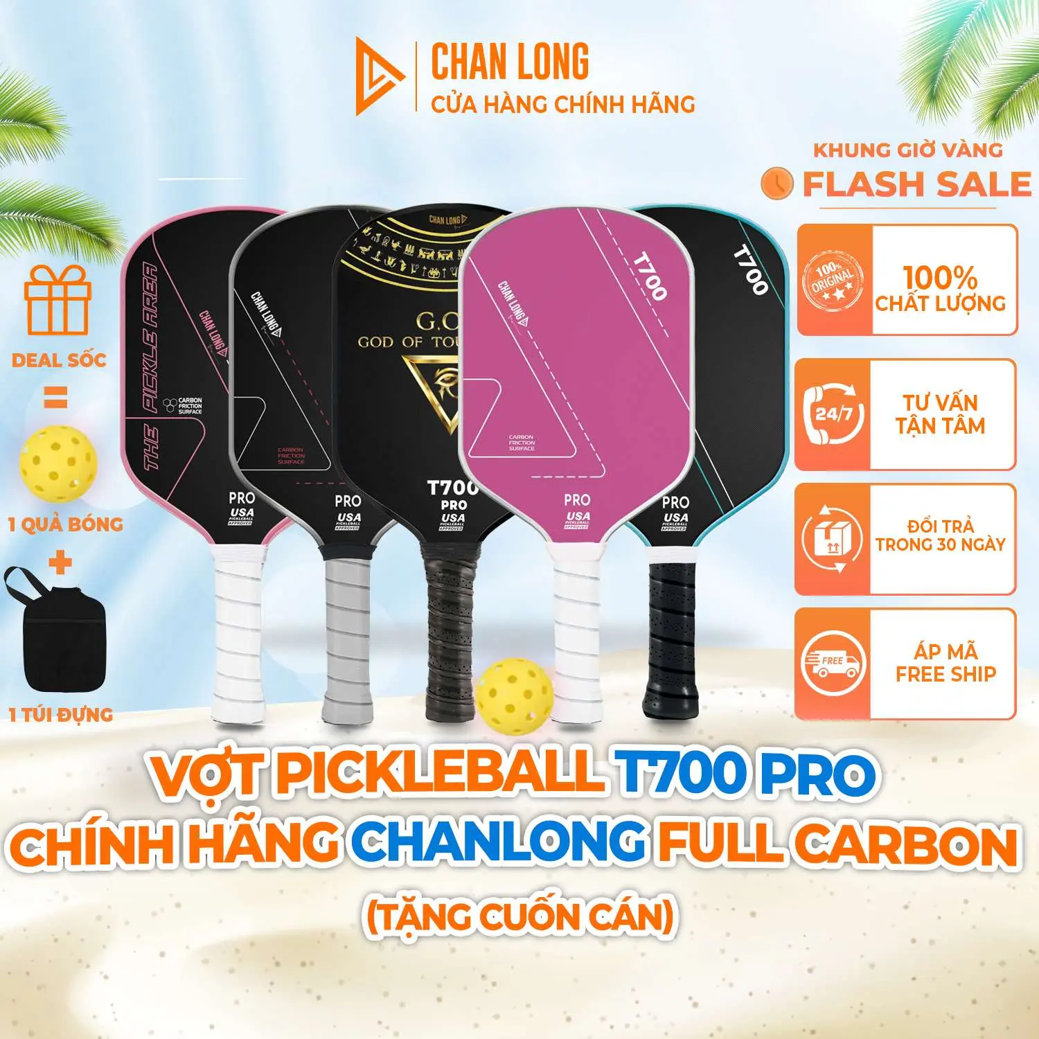 [TẶNG CUỐN CÁN] Vợt Pickleball T700 Pro Chính Hãng CHANLONG Full Carbon 16mm Mặt Nhám Cho Thi Đấu, Luyện Tập, Mới Chơi Công Thủ Toàn Diện