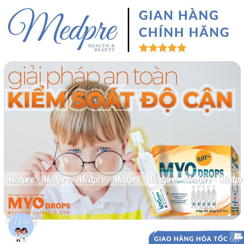 Dung dịch nhỏ mắt MYODROPS 0,01 (Atropin 0,01%) - Làm chậm và kiểm soát quá trình tăng độ cận - Hộp 4 vỉ 20 tép - Medpre 3