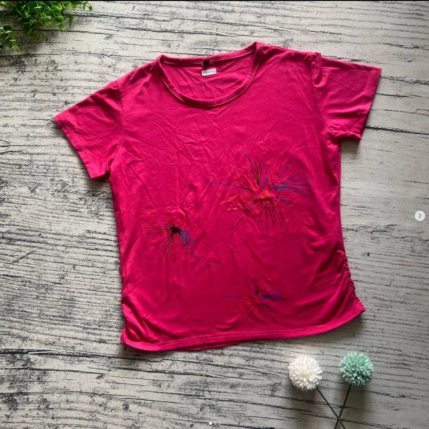 Baju Kaos Atasan Wanita Pink Polos Bunga Lengan Pendek Murah