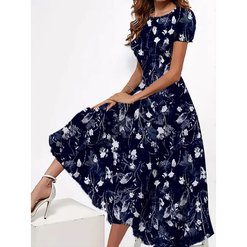 Short Sleeve Floral Print Elegant Crew Neck Dress for Spring & Summer, Women's Clothing Casual Fabric 3