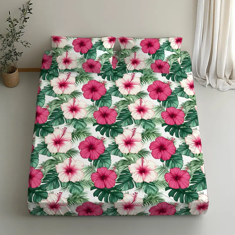Floral Print Bed Set, 2/3 Counts/set Including 1 Fitted Sheet & 1/2 Pillowcases without Filler, Soft Comfortable Breathable Bedding Supplies for Home 5