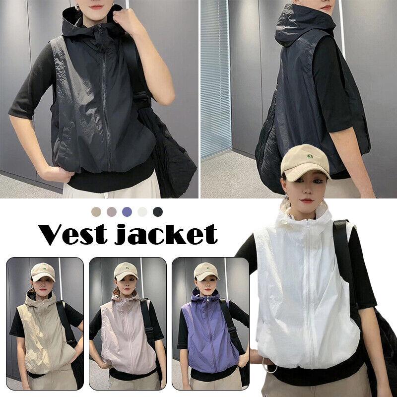 Women Hooded Vest Sleeveless Zipper Waistcoat Drawstring Thin Coat with Pockets 1