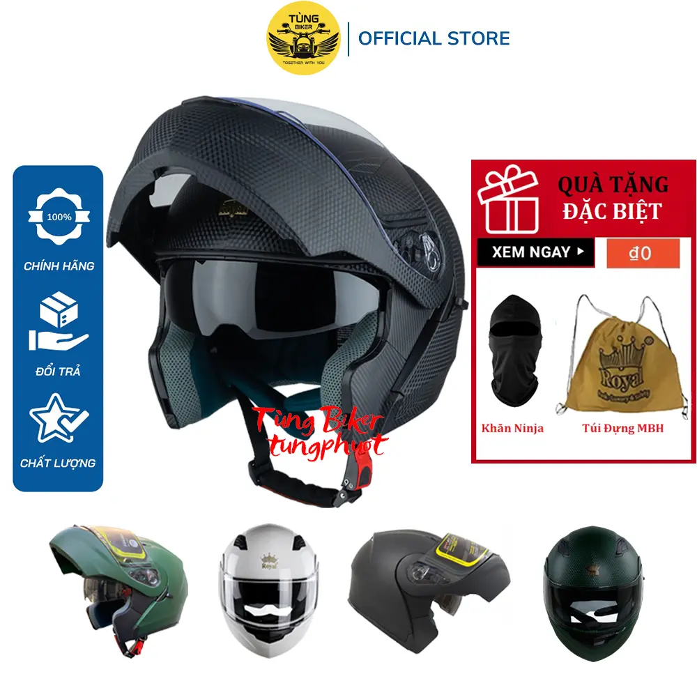 Mũ Bảo Hiểm Fullface Royal M179 Vân Carbon Mũ Lật Cằm 2 Kính (TẶNG Khăn Trùm Ninja + Túi) Helmet