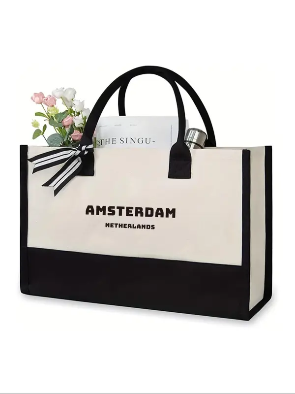 Amsterdam Print Tote Bag, Casual Large Capacity Shoulder Bag for Women & Men, Trendy All-match Bag for Daily Use 4