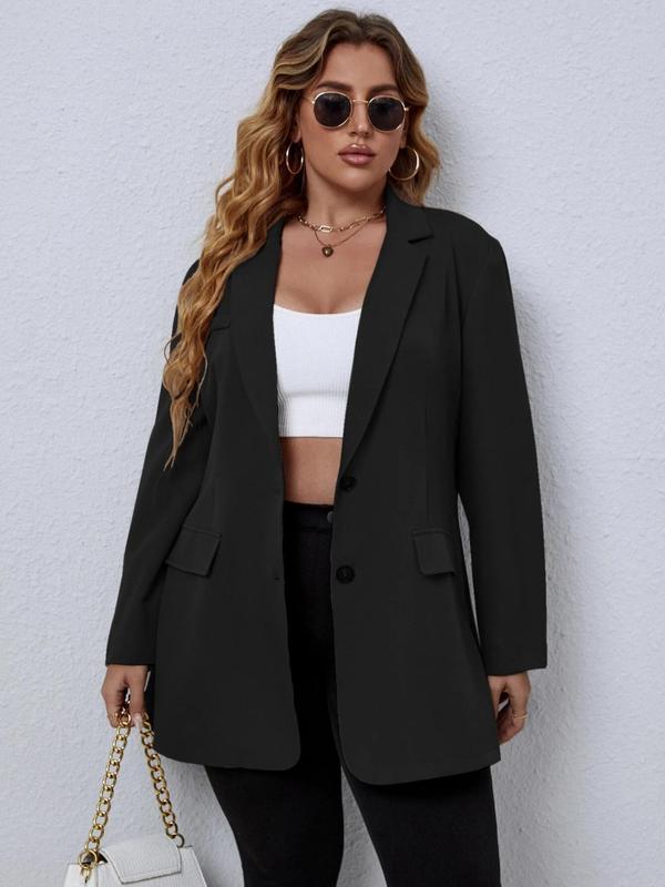 Plus Size Women's Solid Color Pocket Button Front Blazer, Plus Casual Long Sleeve Lapel Neckline Blazer for Spring & Fall, Coats for Women, Women's Plus Clothes for Daily Wear 2