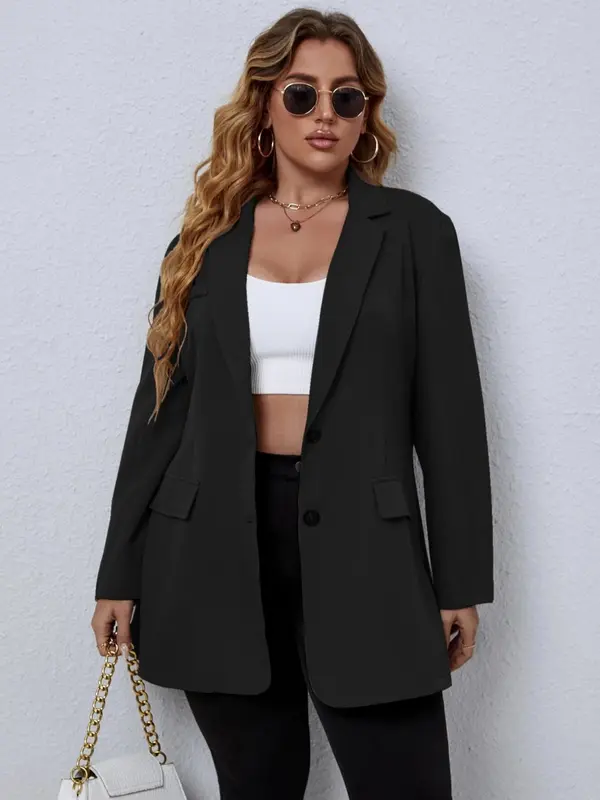 Plus Size Women's Solid Color Pocket Button Front Blazer, Plus Casual Long Sleeve Lapel Neckline Blazer for Spring & Fall, Coats for Women, Women's Plus Clothes for Daily Wear 2