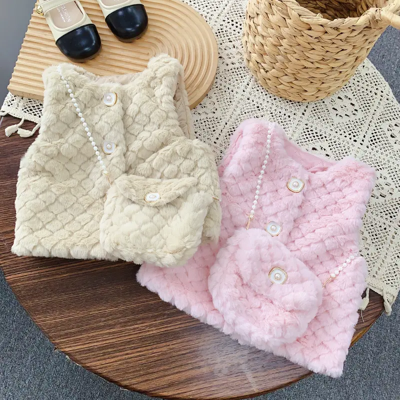 Áo gile lông cho bé, 2 màu hồng/nâu kèm túi cúc ngọc, bên trong trần trám size 8-15kg 6