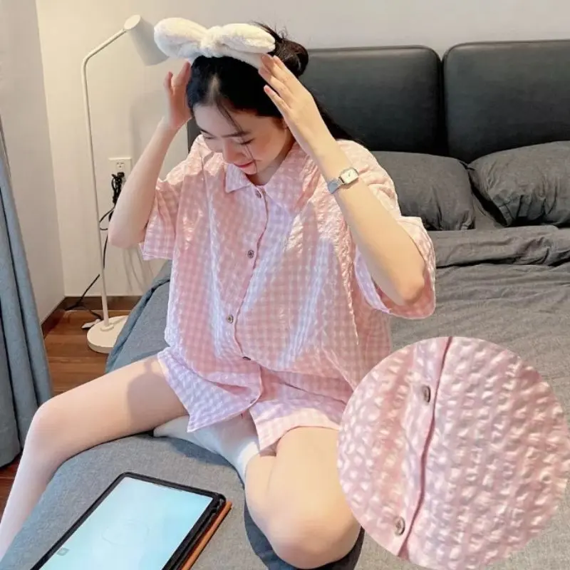 Bộ Ngủ Pijama Kẻ Caro Hàn Quốc Nhiều Màu Sắc Thời Trang Hot Mùa Hè Dành Cho Nữ. Chất Vải Đũi Xốp Mềm Thấm Mồ Hôi Hàng Đẹp