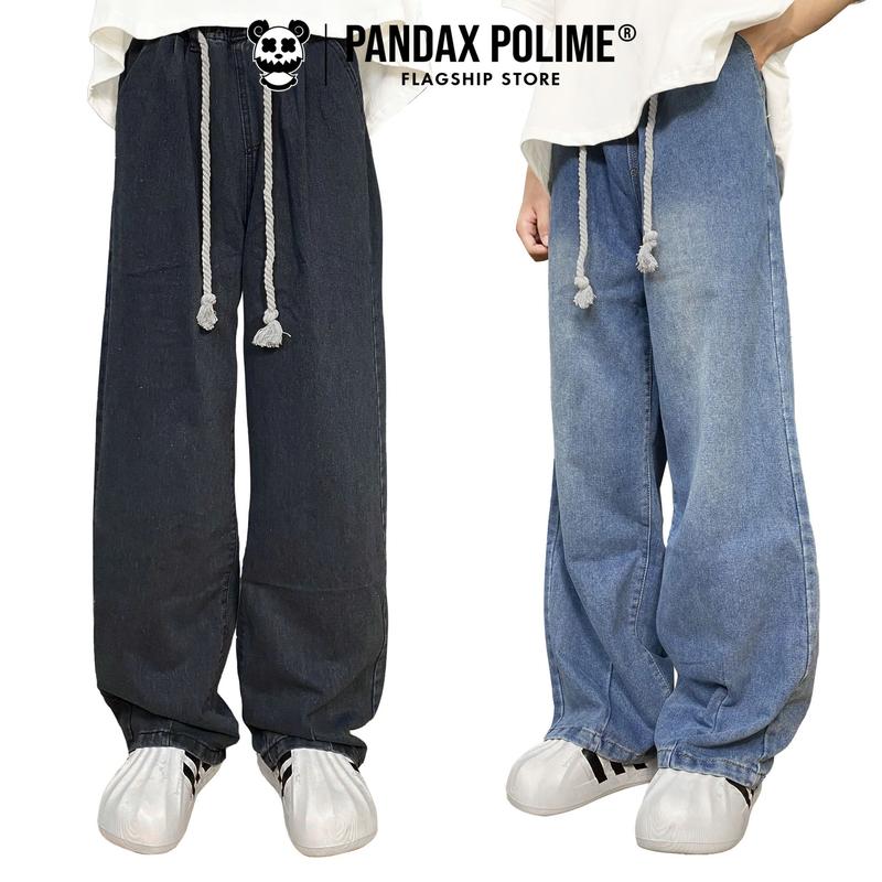 Quần jean ống rộng tặng kèm dây thừng nam nữ unisex dáng quần baggy rin suông trơn wash retro cạp chun lưng thun px pandax polime