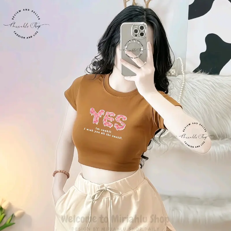 Áo Croptop Borip Ôm Body Nữ Form Basic Cổ Tròn Tay Ngắn In Chữ Yes, Women Thun Sen Sò Hoa Sen Trắng Kem Tre Tim Lịch Dáng Ngắn 7
