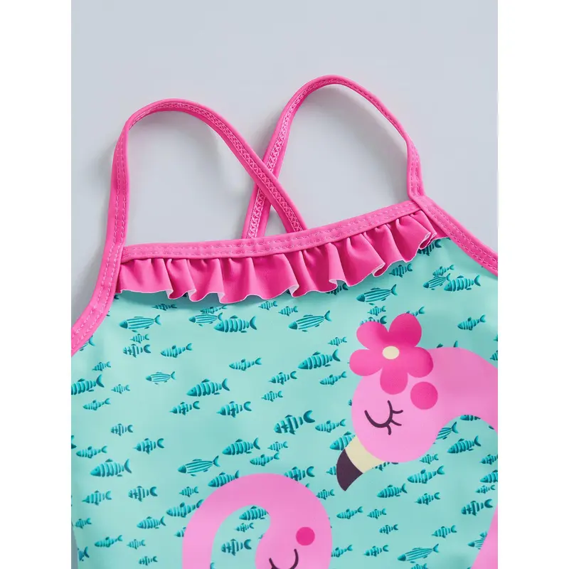 Bikini Áo Jumpsuit Quần Mùa Hè Cho Bé Gái Mới Biết Đi, Áo Tắm Xếp Ly Không Tay In Hình Cá Nhỏ Hồng Hạc, Mềm Mại Và Thoải Mái, Thời Trang, Thích Hợp Để Bơi Lội, Đi Biển, Xanh Lá Cây, Hồng, Đáng Yêu, Thích Hợp Cho 18-24 Tháng, 2-6 Tuổi 4