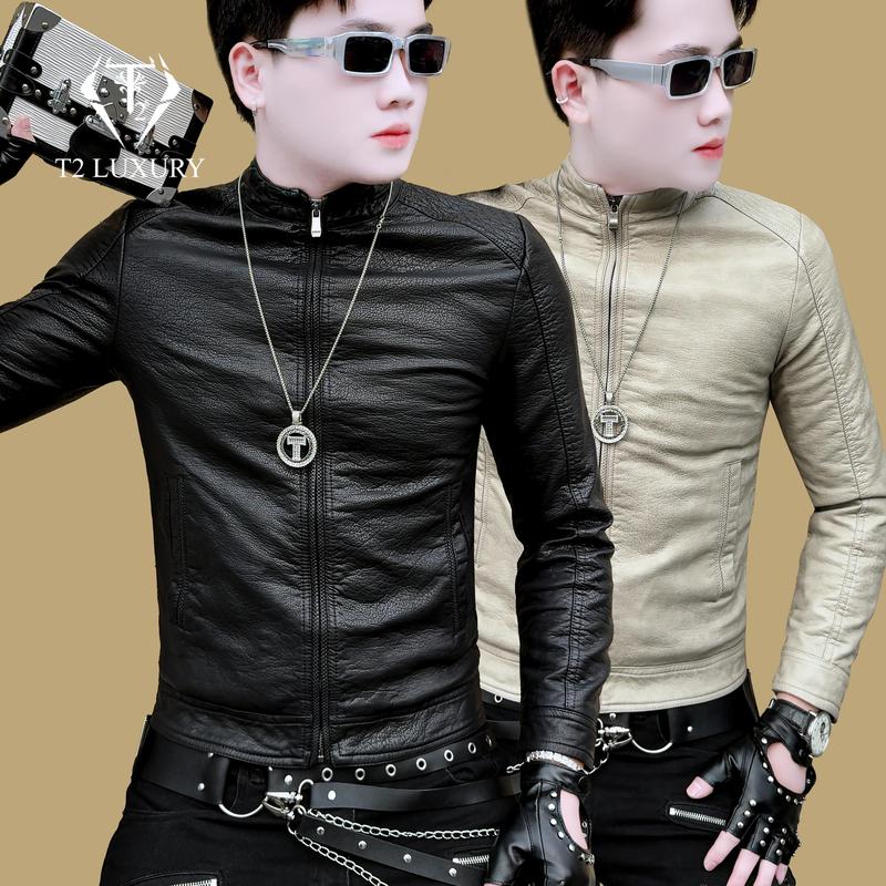 Áo da nam Quảng Châu 2 màu chất da đẹp vân da rõ nét vai thêu chỉ cách điệu lót lông cổ tàu phom ôm gọn Menswear Jacket Kem