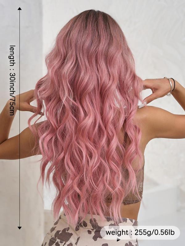 Women's Pink Long Curly Wigs, 30inch Gorgeous Fluffy Wigs with Bangs, Striking Synthetic Costume Wigs for Party & Daily Use, Anime Cosplay 1