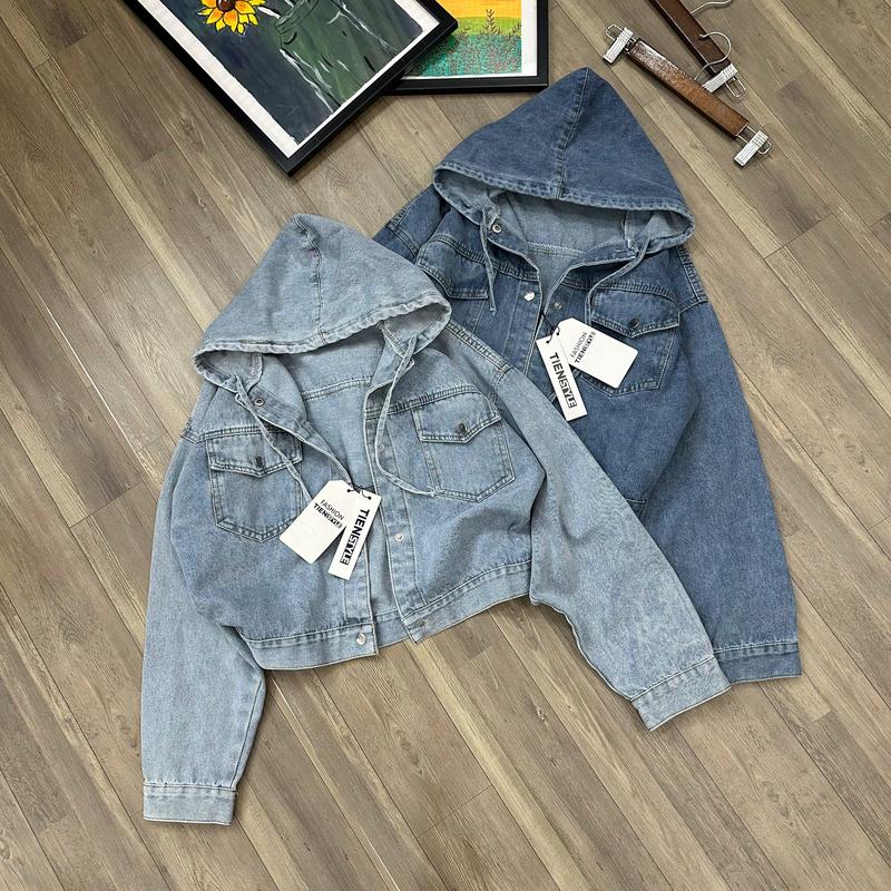 TIENSTYLE Áo Khoác Jean Nữ Có Nón Nút Bấm Tay Rộng Cánh Dơi Top Jacket Áo Bò Màu Xanh Chất Liệu Jean Bền Chắc Phối Đồ Linh Hoạt Size Chuẩn