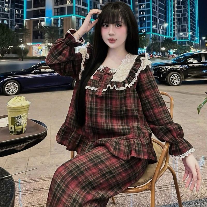 Set ( Áo + Quần ) Áo Dạ Thô Cổ Mix Ren Phối Quần Ống Xuông Gấu Ren Dành Cho Nữ By Trang Mun H22