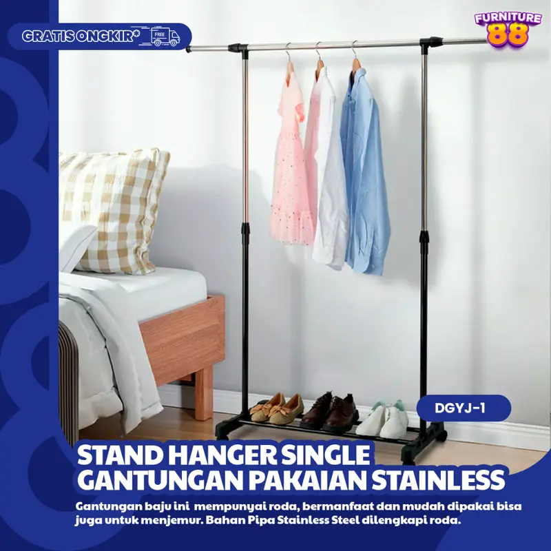 FURNITUR88 Stand Hanger Gantungan Baju Single Bahan Pipa Besi Stainless Dengan Roda Plastik ABS Untuk Gantungan Pakaian Handuk DLL COD 3