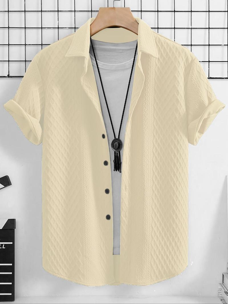 Product Introduction of Men's Solid Textured Button Front Shirt, Regular Fit Casual Short Sleeve Collared Top for Summer, Fashion Men's Clothes for Daily Wear 5