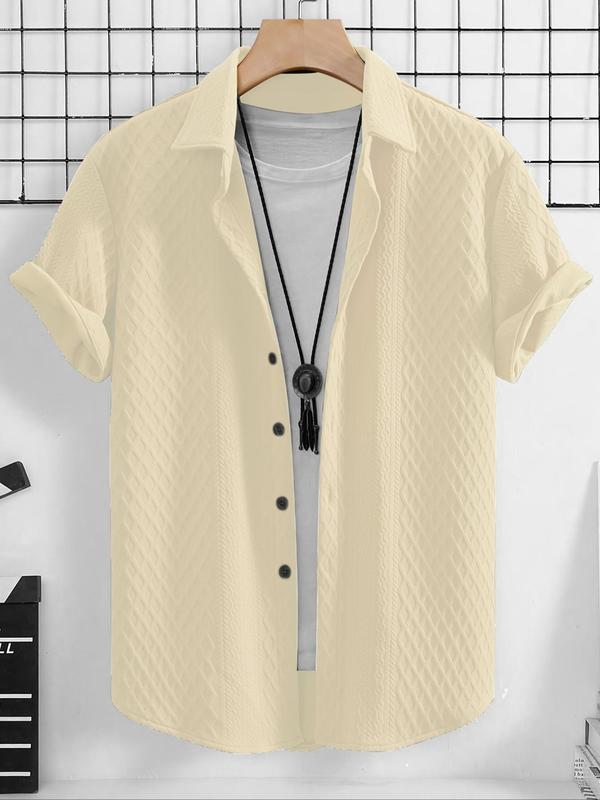 Men's Solid Textured Button Front Shirt, Regular Fit Casual Short Sleeve Collared Top for Summer, Fashion Men's Clothes for Daily Wear 4