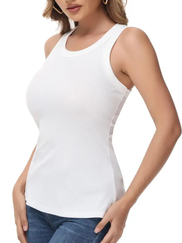 Women's Solid Round Neck Ribbed Tank Top, Casual Sleeveless Top for Daily Wear, Ladies Clothes for All Seasons 6