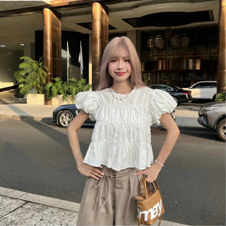 Áo BaByDoll Cổ Tròn UNI TOP  Bun222 Cổ Tròn Tay Phồng Nữ Tính Dễ Phối Đồ