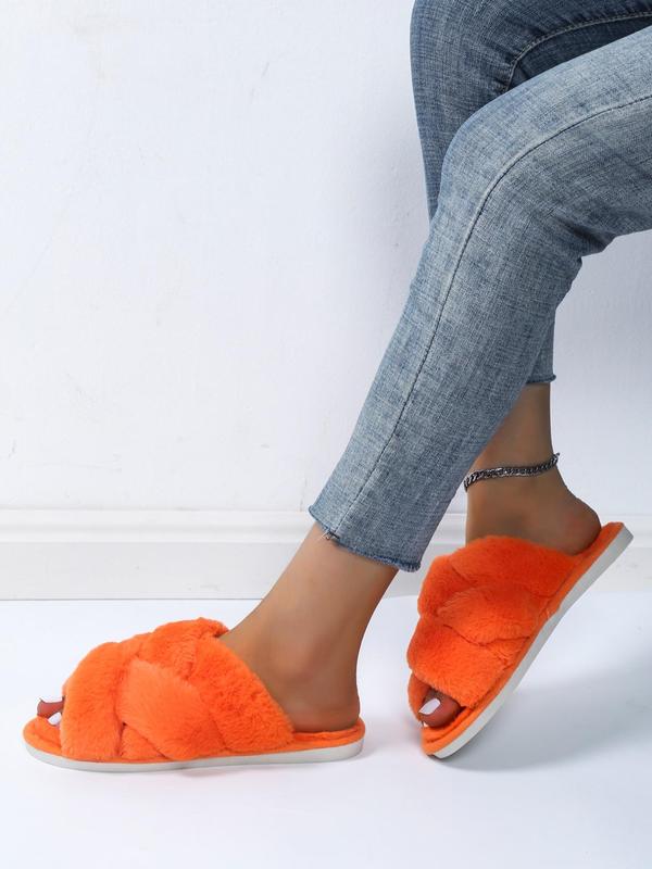 Women's Fashionable Plain Criss Cross Design Soft Slippers, Simple Design Warm Plush Slippers for Fall & Winter 2