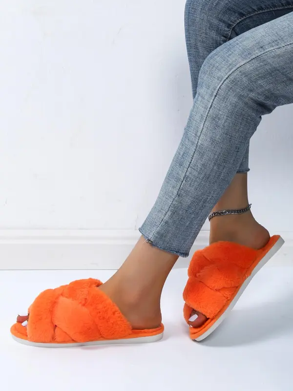Women's Fashionable Plain Criss Cross Design Soft Slippers, Simple Design Warm Plush Slippers for Fall & Winter 2