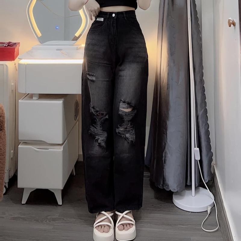 Quần jean Xuông 0664 cạp cao rách thời trang phong cách trẻ cá tính Nữ Pants Kem