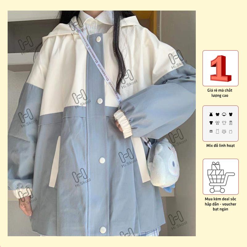 Áo khoác gió dù nữ Harajuku JK 2 lớp form rộng có mũ trùm oversize màu xanh phong cách học sinh Nhật Bản mã A00070