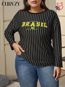 CURVZY Plus Size Autumn Aesthetic Striped & Letter Print Drop Shoulder Tee, Casual Long Sleeve Round Neck T-shirt for Spring & Fall, Women's Plus Clothing for Daily Wear