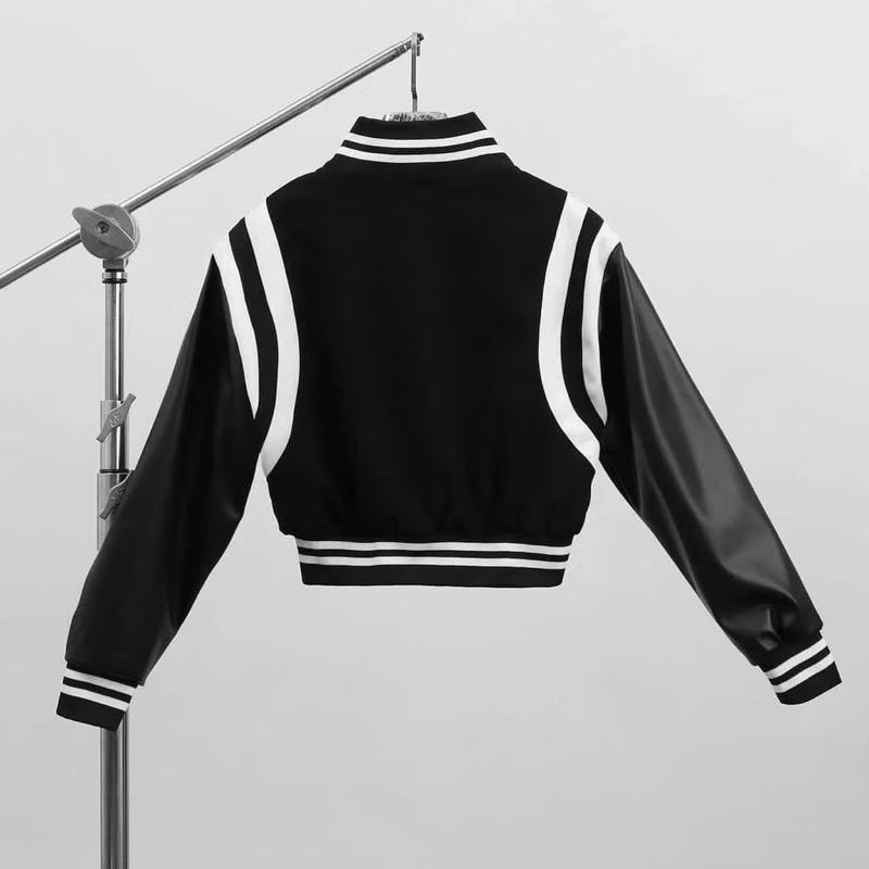 Mở Bán Bomber Crotop phối da đẹp siêu hót Áo khoác da croptop sọc viền trắng 2 lớp tôn dáng Áo bomber da nữ bóng chày năng động cá tính hàn quốc