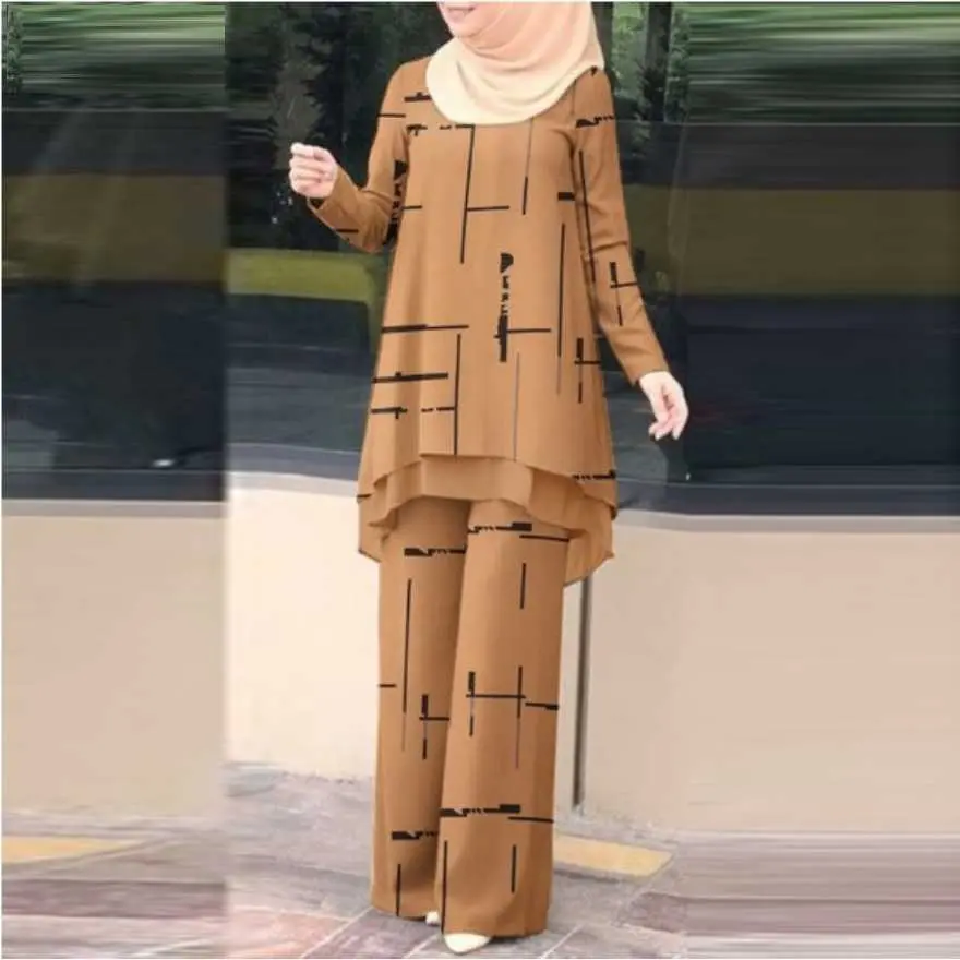 Women's Muslim Daily Double-Layer Vertical Bar Elastic Printing Chiffon Elastic Waist Set