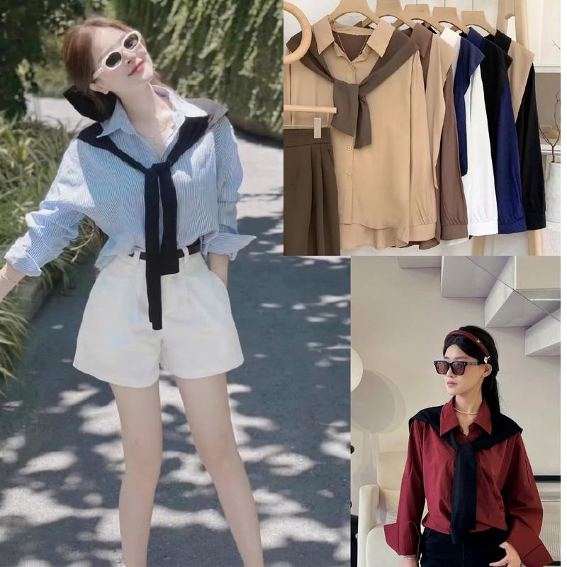 SƠ MI  KÈM KHĂN RỜI From 45kg đến 58 kg  PHONG CÁCH THANH LỊCH NỮ TOP WOMEN so miki Áo Shirt aosominu