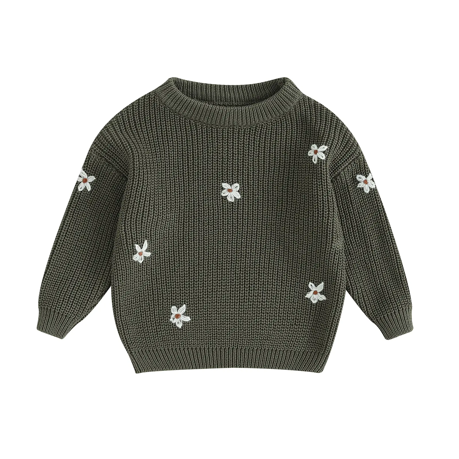 Girl Autumn Sweater, Flower Jacquard Pattern Long Sleeve Pullover