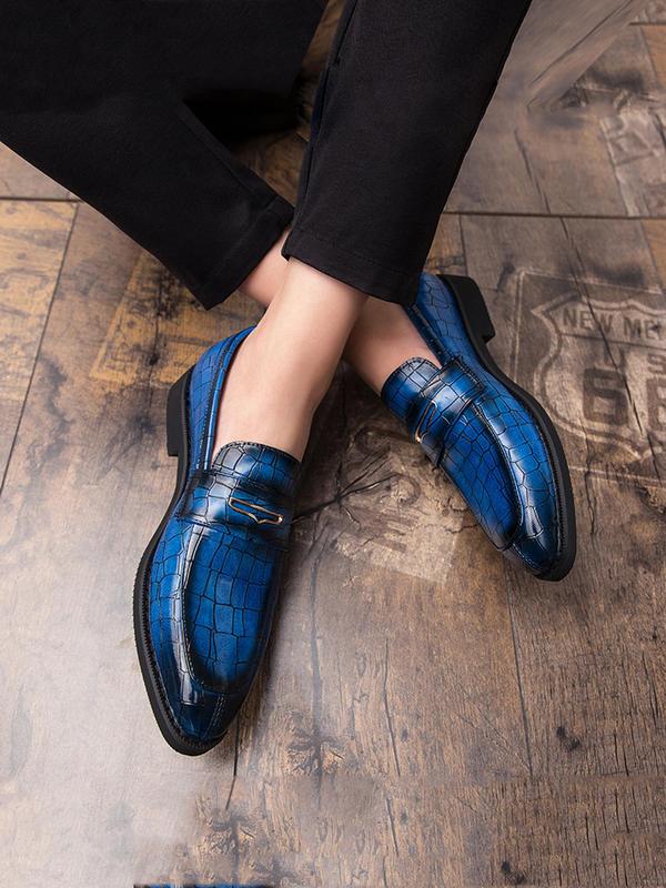 Men's Business Solid Color Crocodile Embossed Slip-on PU Leather Shoes, Fashionable Low Heel Dress Shoes For Work Office, Male Pointed Toe Shoes 4