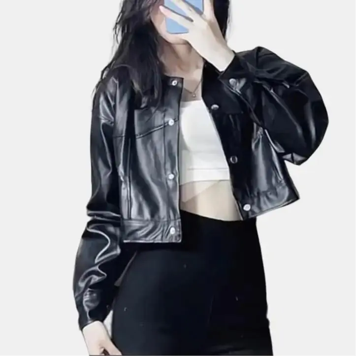 Áo da croptop basic nữ dài tay khoác ngoài năng động mặc đi chơi, đi làm cá tính [màu đen]