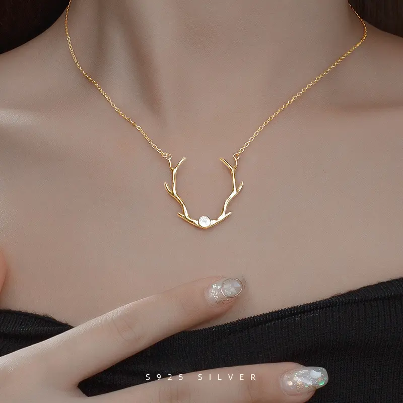 S925 Silver Premium Feeling Antler Necklace Female Simple Girlfriend Gift Christmas Elk Collarbone Chain classy  jewelry chrome hearts  necklace hypoallergenic  jewelry kalung  titanium om  necklace women wedding jewellery