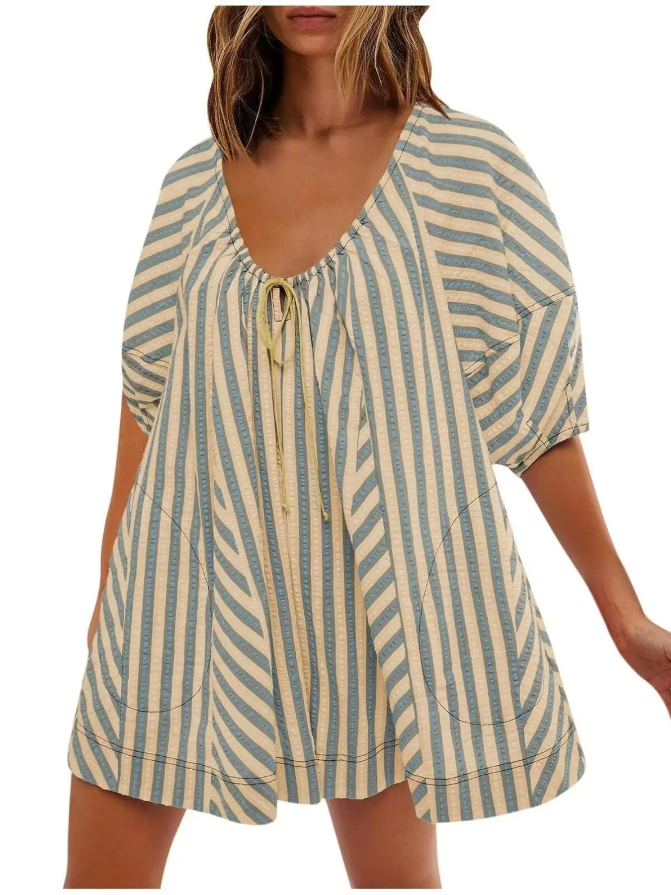 Women's Striped Print Romper, Casual V Neck Half Sleeve Romper for Summer, Fashion Women's One Piece Clothes for Daily Wear