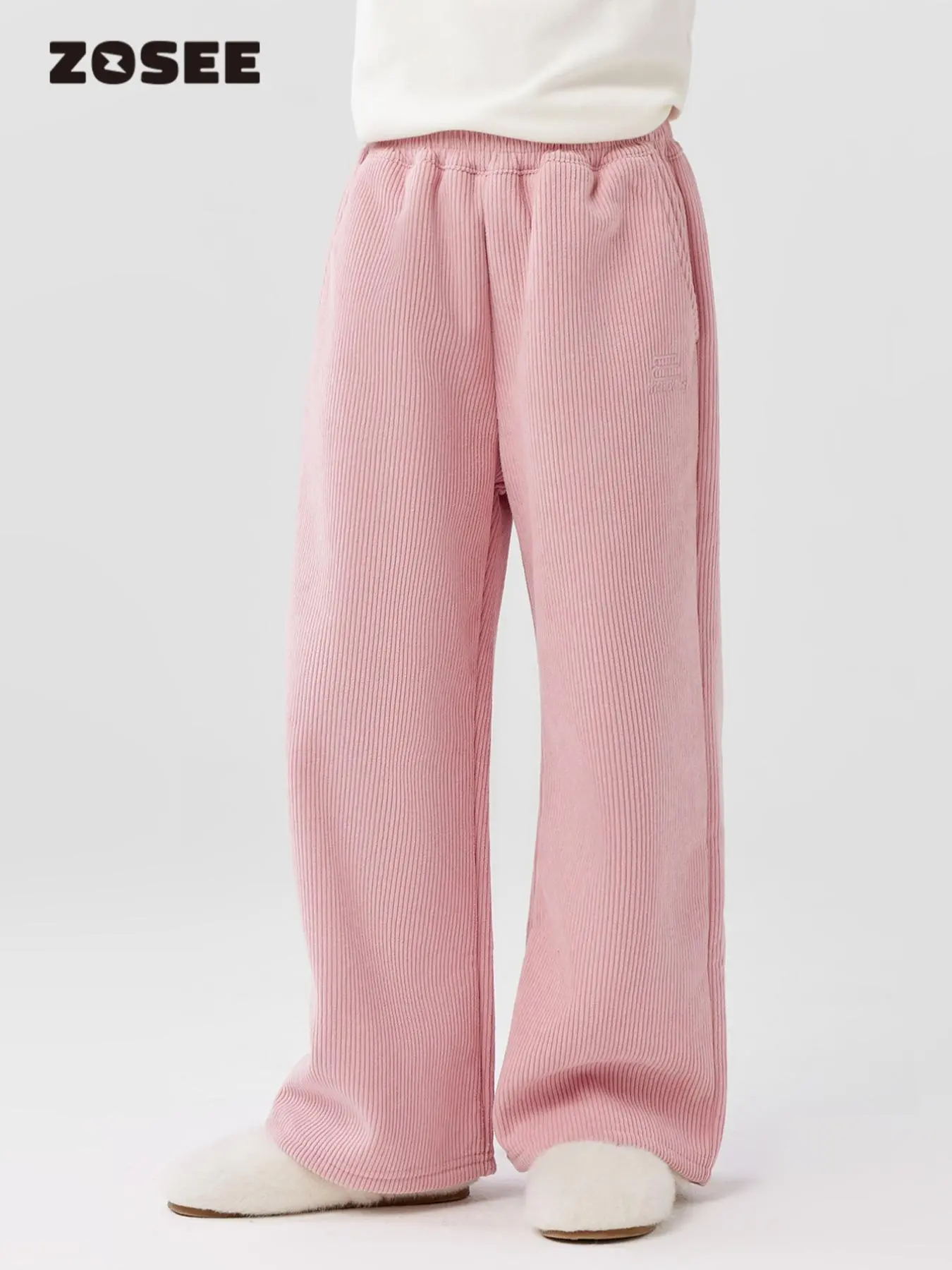 Girl's Solid Color Embroidery Elastic Waist Thermal Lined Pants, Casual Comfy Pocket Trousers for Fall & Winter, Kids Bottoms for Daily Wear