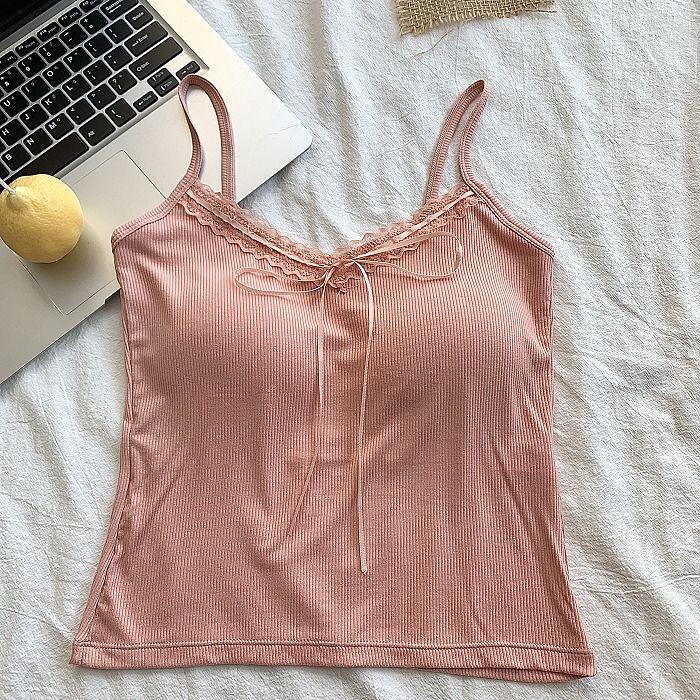 Product Introduction of [halter blouse for chubby]Pure Desire Hot Girl Lace Beauty Back Camisole Women's Base with Chest Pad Slim-Fit Bow Design Sleeveless Top Women's Clothing Women's Women's Wear Chinese Clothing Chubby Camisole 19