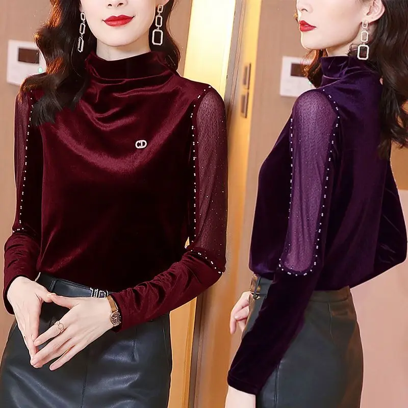 Áo Thun Cổ Lọ Nửa, Dành Cho Nữ, Phong Cách Hàn Quốc, Hàng Mới Về, Đính Cườm Và khoét, Trẻ Trung Và Trưởng Thành, Dài Tay, Áo Thanh Lịch