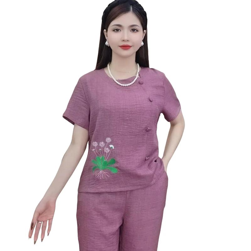 Bộ đồ trung niên, đồ bộ mặc nhà Loudra shop (jolle) b28 đồ bộ tặng mẹ quần lửng áo cộc hàng đũi hàn Top Tím Nữ Women Xanh