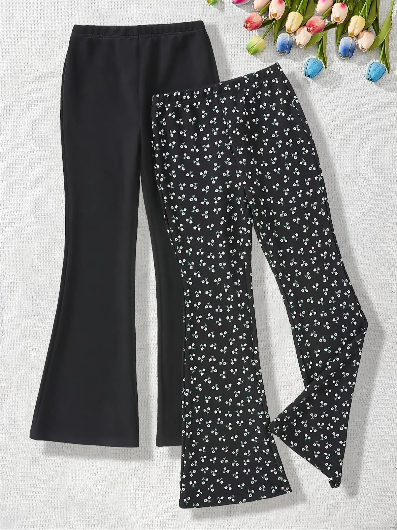 Toddler Girl's Ditsy Floral Print Flare Leg Pants, Casual Comfy Bell Bottom Trousers for Daily Wear, Kids Bottoms for All Seasons