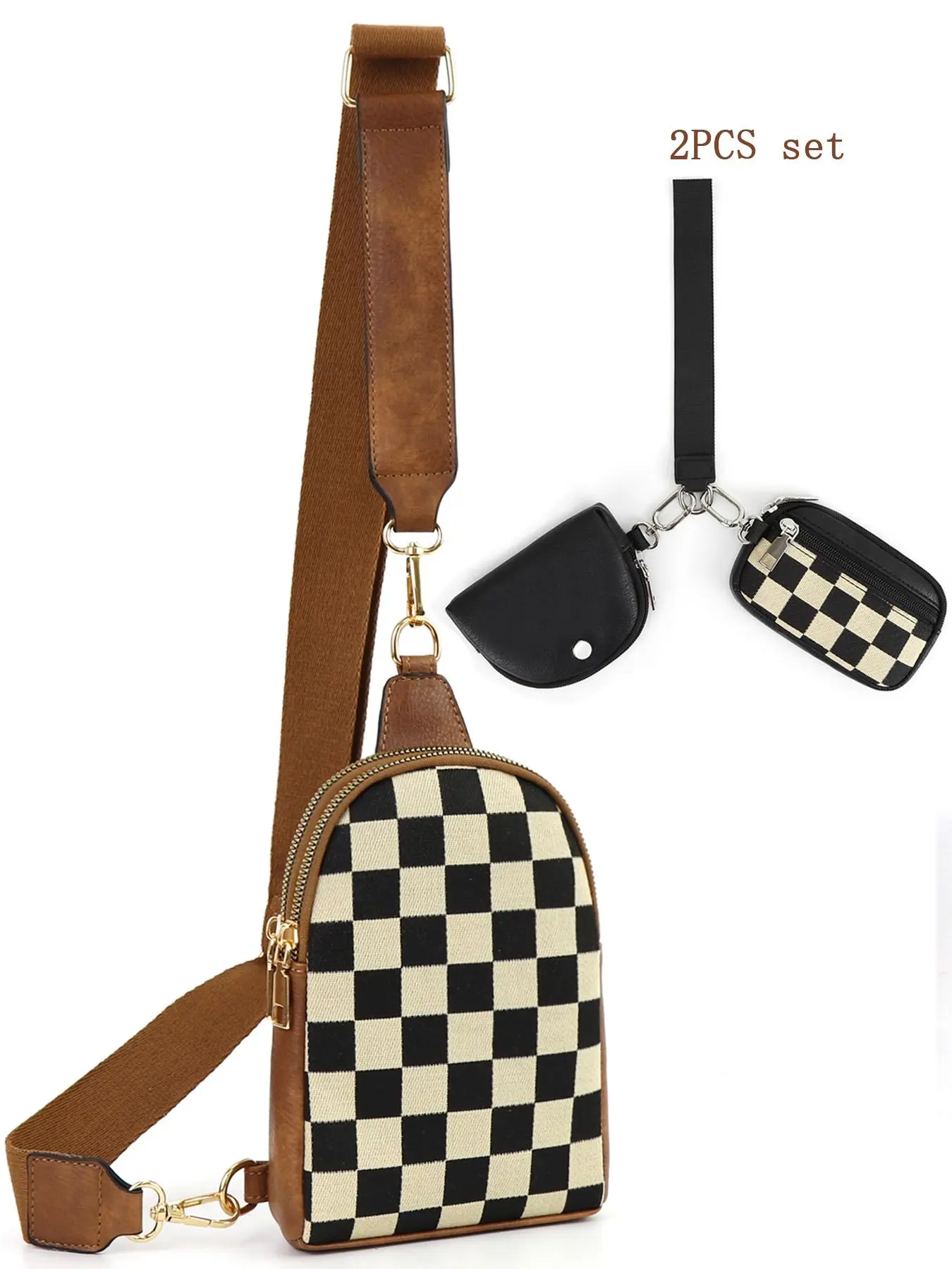 Fashionable Checkerboard Pattern Fanny Pack & Wallet with Detachable Keychain, Casual Versatile Zipper Crossbody Bag & Wallet, Trendy All-match Bag Set for Women