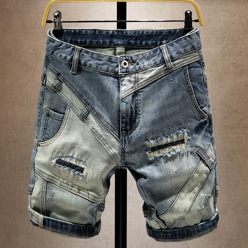 Quần Short Denim, Thương Hiệu Thời Trang Nam, Rách, Vá Ăn Xin Pu Shuai, Khâu Đàn Hồi, Quần Ống Túm, Mỏng Mùa Hè, Quần Short Thẳng 0