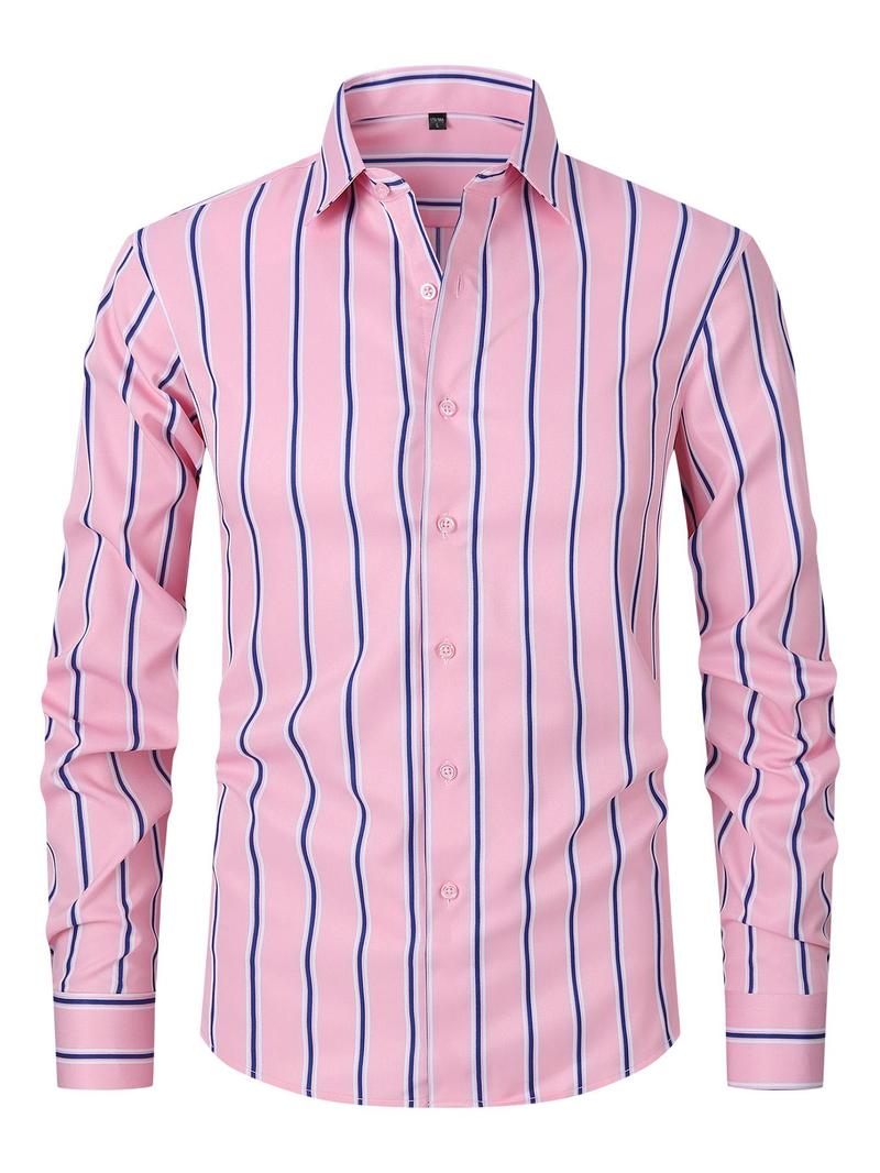 Product Introduction of Men's Striped Print Button Front Shirt, Regular Fit Casual Long Sleeve Collared Top for Spring & Fall, Men's Clothes for Business Work Daily Wear 12