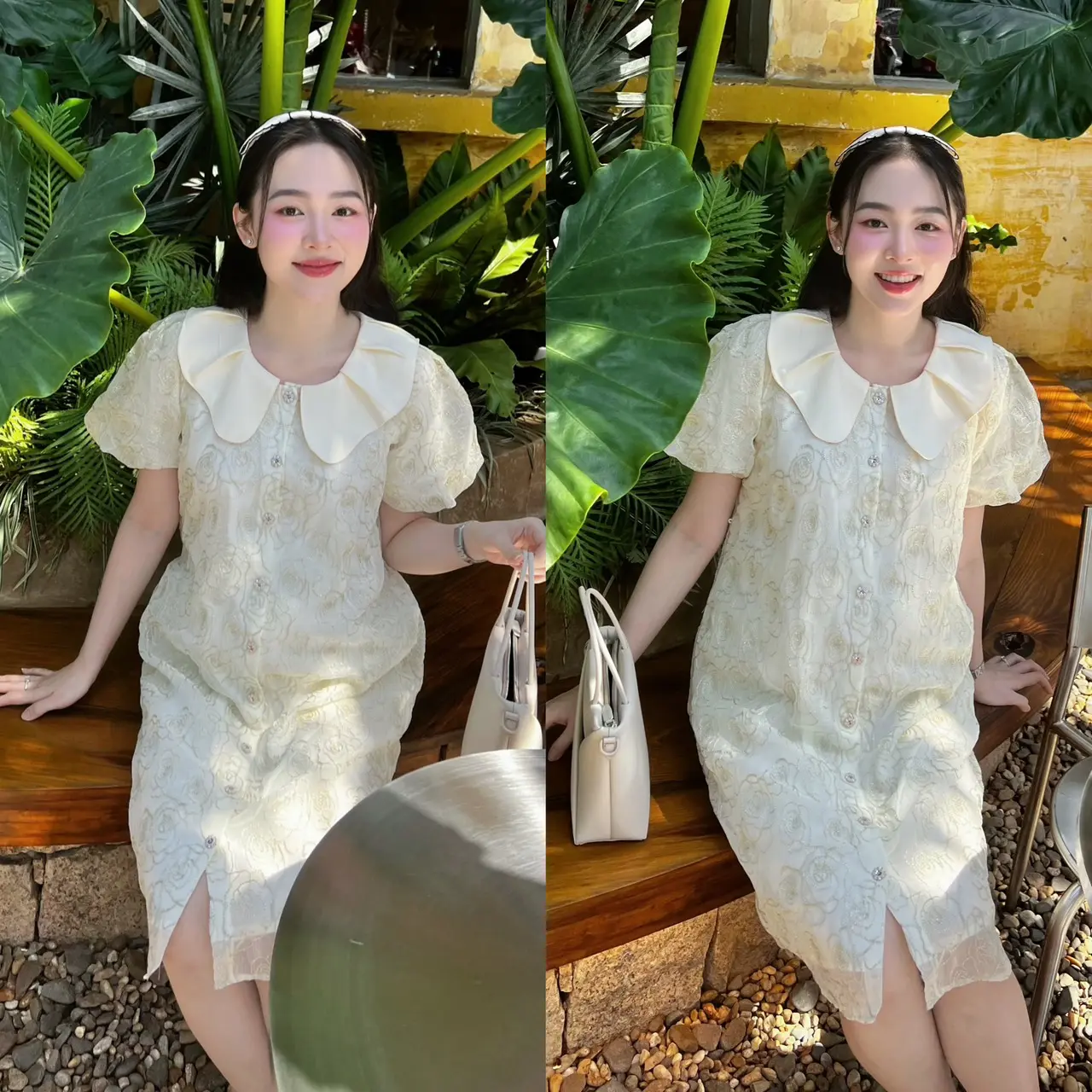 MUMMUM/ Đầm bầu LORA tơ ren bông ép sang chảnh dáng suông nút ngọc cổ sen sang.