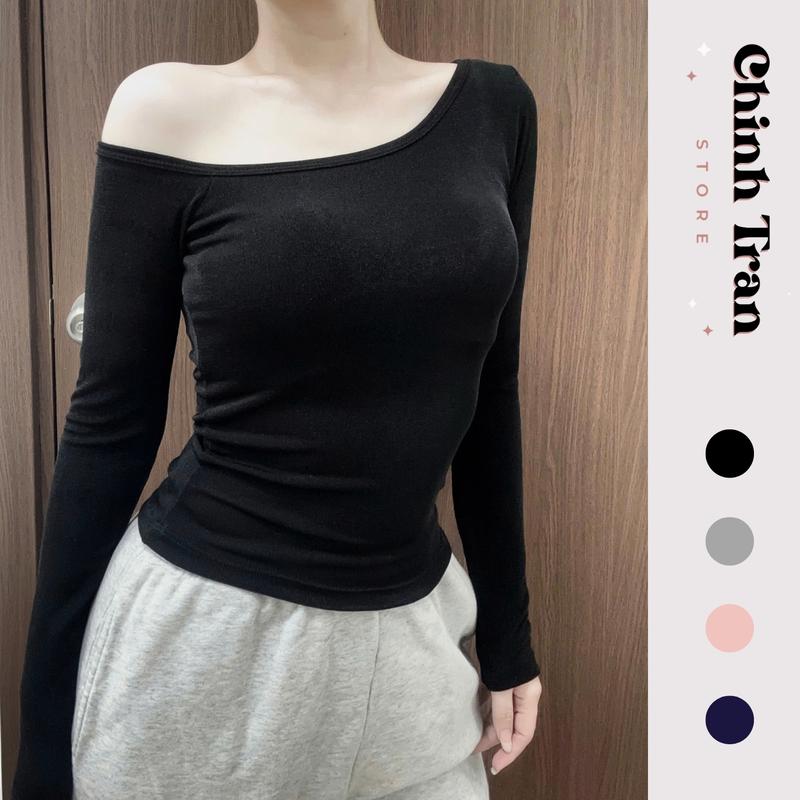 Áo Thun Nhũ Lệch Vai Dài Tay Form Ôm Gọn Mỏng Mềm Basic